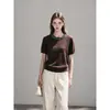 Suéter de Tricô Feminino Elegante Estilo Francês Cor de Café Gola Redonda Manga Curta 2026 Outono Novo Slim Fit Versátil Tendência