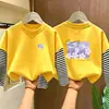 Camiseta de manga longa 100% algodão para meninas, nova para primavera e outono, camisa de base infantil, tamanho médio e grande, blusa infantil de duas peças falsas com desenho