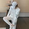 Traje Casual de Waffle para Mujer Corea Dongdaemun Primavera y Otoño Sudadera con Cremallera de Cuatro Rayas Chaqueta y Pantalones Conjunto de Dos Piezas