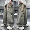Jeans rectos holgados de pierna ancha para hombre, estilo casual americano, lavados, vintage, con graffiti pintado a mano, para primavera y otoño, de alta calle