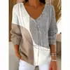 Estación Independiente Transfronteriza Europea y Americana Nueva Camiseta de Moda para Mujer Estampado 3D Color Degradado Cuello en V Manga Larga Top Verano Europeo y Americano