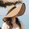 Sombrero de playa Sanya con sombrilla de alero grande de verano para mujer, sombrero de paja con lazo, protector solar, sombrero de sol plegable para playa de verano