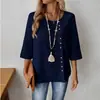 Primavera y Otoño Tallas Grandes Holgado MM Temperamento Casual Retro Algodón Lino Manga de Cinco Puntos Cuello Redondo Camiseta Top Venta al por Mayor Transfronteriza