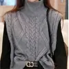 Chaleco de Punto con Cuello Alto Retorcido para Mujer Otoño e Invierno Nuevo Abrigo Estilo Perezoso de Oficina Chaleco de Punto de Color Liso en Capas