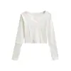Estilo Otoño e Invierno Chica Picante Top Corto Ajustado, Color Sólido, Hombro Normal, Ribete de Encaje, Diseño Dividido, Camiseta Básica Ajustada, Camiseta de Manga Larga