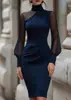 Vestido de malha patchwork estilo europeu e americano 2026, vestido justo bodycon de gola alta com manga lanterna, vestido de noite para mulheres