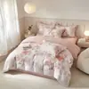 Juego de cuatro piezas de ropa de cama para dormitorio de tela cepillada ecológica 100% algodón con estampado de estilo pastoral, funda de edredón 100% algodón, juego de tres piezas de alta estética para dormitorio