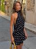 Estilo Europeu e Americano 2026 Verão Nova Moda Feminina Estampada Poá Saia Curta Vestido Sexy com Amarração na Nuca Sem Costas