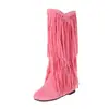 Botas Femininas de Camurça Bico Redondo com Salto Interno Botas de Rua Tendência Cano Alto Botas com Franjas tamanho grande 801
