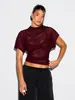 Top de malla de manga corta con cuello fruncido, superventas transfronterizo europeo y americano para mujer, con diseño transparente, plisado y ajustado, de longitud corta y estilo moderno semitransparente