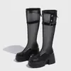 Botas Altas de Malla con Suela Gruesa y Puntera Redonda Vintage para Mujer, Nuevo Estilo Versátil Verano 2026, Botas de Montura de Tubo Alto Huecas que Aumentan la Altura para Personas Bajitas