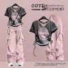 Conjunto de Ropa Dopamina de Verano para Niñas 2026 Nuevo Conjunto de Dos Piezas Camiseta de Manga Corta Pantalones Casuales de Pierna Ancha Pantalones Cargo