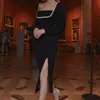 Vestido Feminino Elegante 2025 Novo Design Estilo Francês Manga Longa Cintura Dividida Saia de Quadril