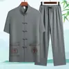 Traje Tang Delgado de Verano para Hombre, de Mediana Edad y Anciano, Conjunto de Manga Corta de Seda de Hielo, Estilo Retro Chino Hanfu Casual Atuendo de Papá, Estilo Chino