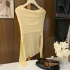 Primavera Otoño Invierno Cuello Suave Clavícula Hombro Descubierto Rosa Tejido Suéter Base para Mujer Top de Hombro Único Hombros Caídos