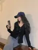 Cárdigan Fino de Punto con Cuello en V y Mangas Largas para Mujer Primavera y Otoño Nuevo Diseño Nicho Delgado Corto Rosa Top Básico