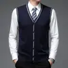 Colete de Lã Outono e Inverno Masculino Meia-Idade Gola V Cardigã Tricotado Pura Caxemira Base Camisa Suéter de Pai