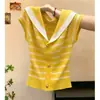 Top de punto de manga corta con cuello a rayas azul marino para mujer, nuevo estilo de verano, versátil, rejuvenecedor, adelgazante, top elegante, color de la foto, talla única