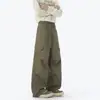 Calça Paratrooper Verde Militar Bolso Grande Perna Reta Masculina Outono Estilo Streetwear Americano Calça Cargo Plissada Larga Casual Longa
