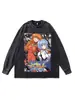Sudadera Retro Americana Europea con Estampado de Anime Pesada 280g Cuello Redondo Talla Grande Holgada Lavada Desgastada