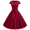 Fuente del fabricante 2019eaby En stock Venta caliente Verano Retro Cuello en V Manga Corta Color Sólido Casual Vestido de Baile Grande