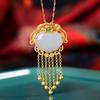 Colgante de urraca de jade hetiano con cerradura de longevidad segura, borla de fénix de plata S925, collar de viento de corte retro para mujer