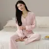 Cardigan de pijama de duas peças para casa feminina, manga longa e calça longa, gola V, cor sólida, algodão jacquard elástico dupla face