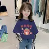 G2420 # Camiseta de Manga Larga para Niña Estilo Nuevo Primavera y Otoño 2025 Top Infantil de Cuello Redondo Estampado Algodón Puro Falso Dos Piezas Capa Base