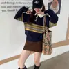 Suéter de Punto de Manga Larga a Rayas Contrastantes con Cuello Polo Estilo Universitario Nuevo Estilo Retro Americano Otoño e Invierno para Mujer Holgado Adelgazante