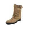 Botas de Media Caña con Hebilla para Mujer Pierna Ancha Botas Individuales Invierno Nuevo Estilo Cuero Genuino Capa Superior Piel de Vaca Punta Redonda Tacón Medio Botas de Media Caña sin Cierre para Mujer