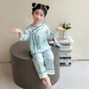 Conjunto de Pijama de Seda Helada para Niñas Primavera y Verano, Estilo Antiguo Nuevo Estilo Chino Conjunto de Dos Piezas de Manga Larga 2026 Ropa de Casa Estilo Princesa para Niños