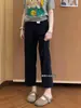 Calça Jeans Cropped Reta de Tencel Preto para Mulheres, Verão Fina Plus Size Petite Cintura Alta Emagrecedora Barra Dividida Wide Leg