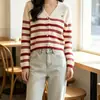 Suéter cárdigan de punto de un solo botón con cuello en V para otoño e invierno para mujer, top corto de chaqueta larga a rayas holgada para mujer