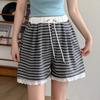 Pantalones de Maternidad Estilo Nuevo Encaje Empalmado Bloque de Color Rayados Pierna Ancha Pantalones Cortos Sueltos Casual Rectos Pantalones Cortos de Verano