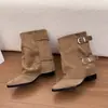 Botas de Moda de Piel Suave con Hebilla para Mujer Tacón Grueso 2026 Botas de Media Caña Tacón Grueso Estilo Occidental Otoño Invierno Retro Nuevo Estilo Botas para Pantalón Euro