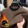 Suéter de una pieza de forro polar para invierno, jersey de cuello redondo para hombre, transfronterizo, engrosado y cálido, color liso, camiseta base de punto para mediana edad