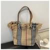 Bolso Grande Tejido de Tela Gruesa Vieja para Mujer 2024 Nueva Moda Vintage Tejido a Cuadros Bolso de Hombro Borla de Flecos Bolso de Lona