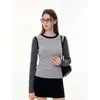 Blusa de tricô de manga longa color block de alta qualidade estilo francês para mulheres, outono, corte justo, amigável à pele, para usar por baixo