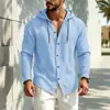 Camisa con capucha de manga larga de color liso para hombre transfronteriza, cárdigan casual tipo lino, top holgado protector solar para la playa