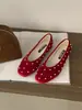Retro Año Nuevo Rojo 2026 Primavera Francés Dulce Terciopelo Punta Cuadrada Poco Profundos Zapatos de Ballet Rojos Mary Jane