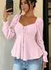 Outono 2026 Novo Amazon TUME Europeu e Americano Decote V Cordão Franzido Manga Curta Sexy Cor Sólida Manga Longa Roupas Femininas