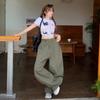 Calça Cargo Laranja Infantil Estilo Japonês Ampla de Pernas Largas Lâmina para Mulheres, Cintura Alta, Cobertura Corporal, Caimento Fluido, Tendência, Versátil, Comprimento Total Casual.