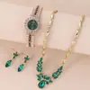 Terno Esmeralda Relógio Rhindric Brilhante Brincos Pequenos e Delicados com Mostrador Estrelado Colar Conjunto de 3 peças