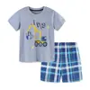 Traje de Verão Transfronteiriço para Meninos Manga Curta Moda Estampada Camiseta Infantil Gola Redonda Conjunto de 2 Peças Shorts de Tricô Infantil