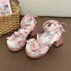 Zapatos de tacón alto, Mary Jane lindos, estilo Lolita, dulce lazo de encaje L, punta redonda, zapatos Lolita, zapatos de niña