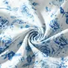 Vestido de alça floral azul e branco para meninas, best-seller transfronteiriço, gola quadrada francesa, cintura elástica, saia em A, estilo princesa, vestuário infantil de comércio exterior