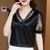 Camisa de gasa de manga corta con costuras de encaje de satén elástico de talla grande para mujer, ropa interior y exterior, nueva moda de primavera 2023