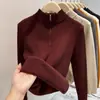 26 Suéter de Punto Nuevo para Mujer Otoño/Invierno con Media Cremallera y Forro de Felpa, Cuello Semi-Alto Cálido, Camisa Base de Hombro Regular