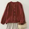 26ª nueva temporada de principios de otoño estilo artístico color liso cuello redondo manga larga para mujer algodón holgada versátil camisa