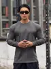 Camiseta Deportiva Casual de Moda para Hombre, Estilo Americano Musculoso, Color Sólido, Ante, Manga Larga, Capa Base para Fitness, Primavera y Otoño